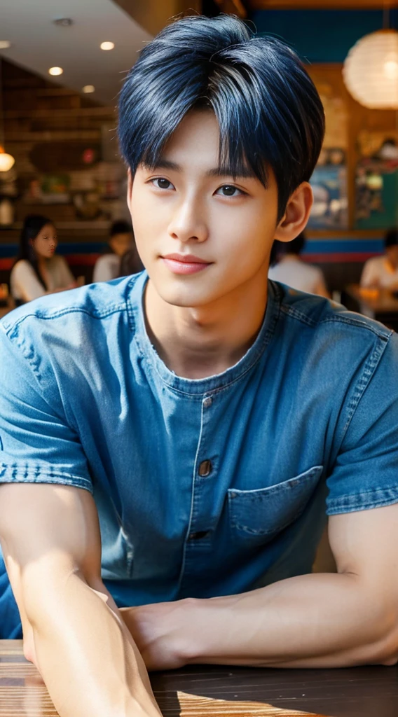 ((realistic daylight)) , Young Korean man in a blue t-shirt Denim shirt, jeans, A handsome, muscular young Asian man looks at the camera. , in the restaurant ,turn sideways