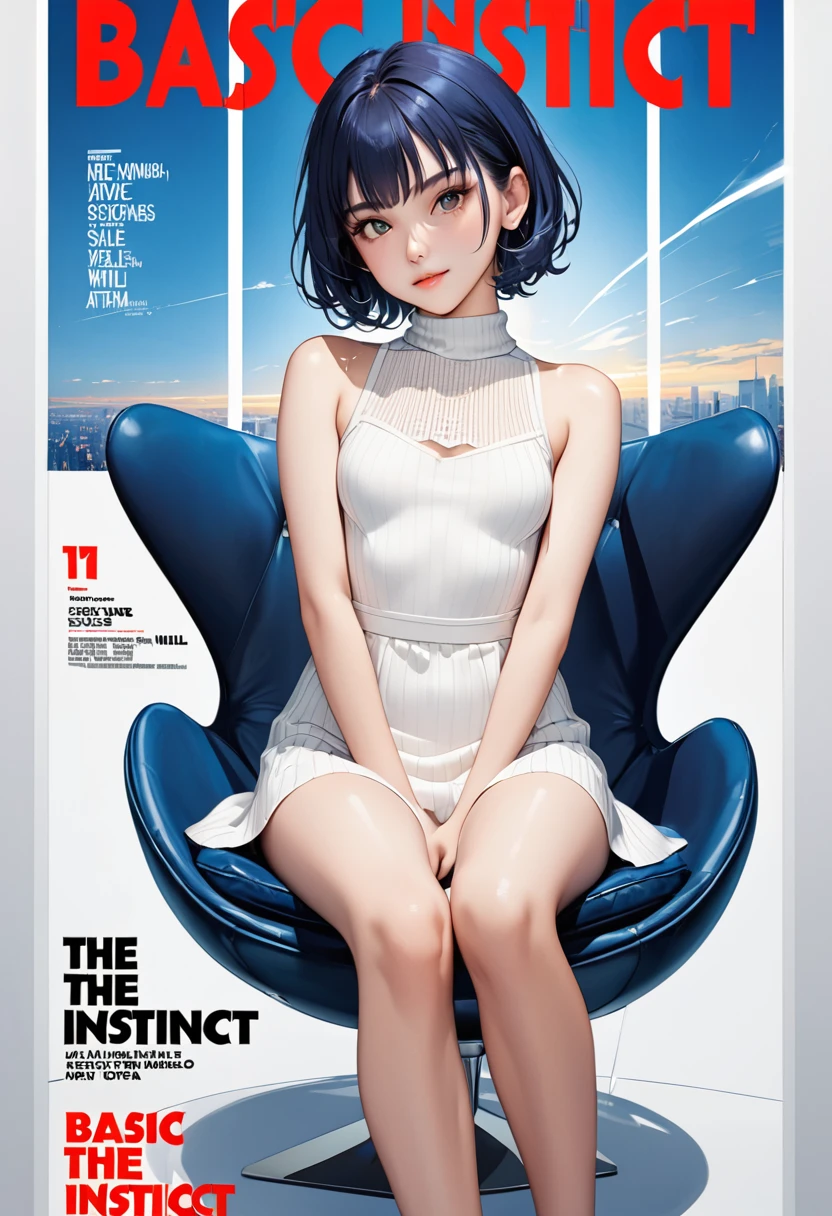 (masterpiece, best quality,ultra highres), (movie poster art,title of "Basic Instinct"),In the center of the poster,girl sitting on a silver-chair with legs crossed,(16yo,cute,detailed face,(darkblue wavy-short hair),eyebrows,middle small breasts),nihil smile,(wearing sleeveless white knit mini one-piece dress,high heels),foot focus,