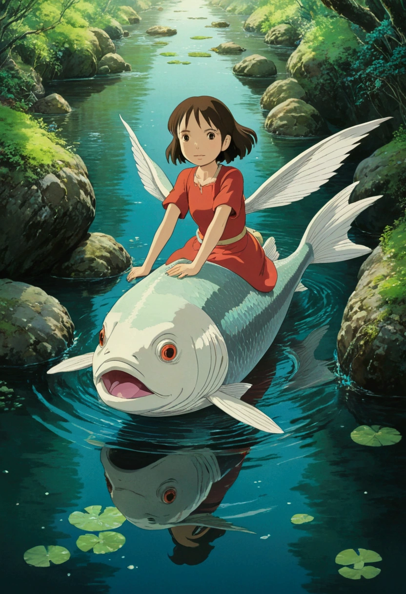 Ghibli　A girl with wings rides a big fish in a stream