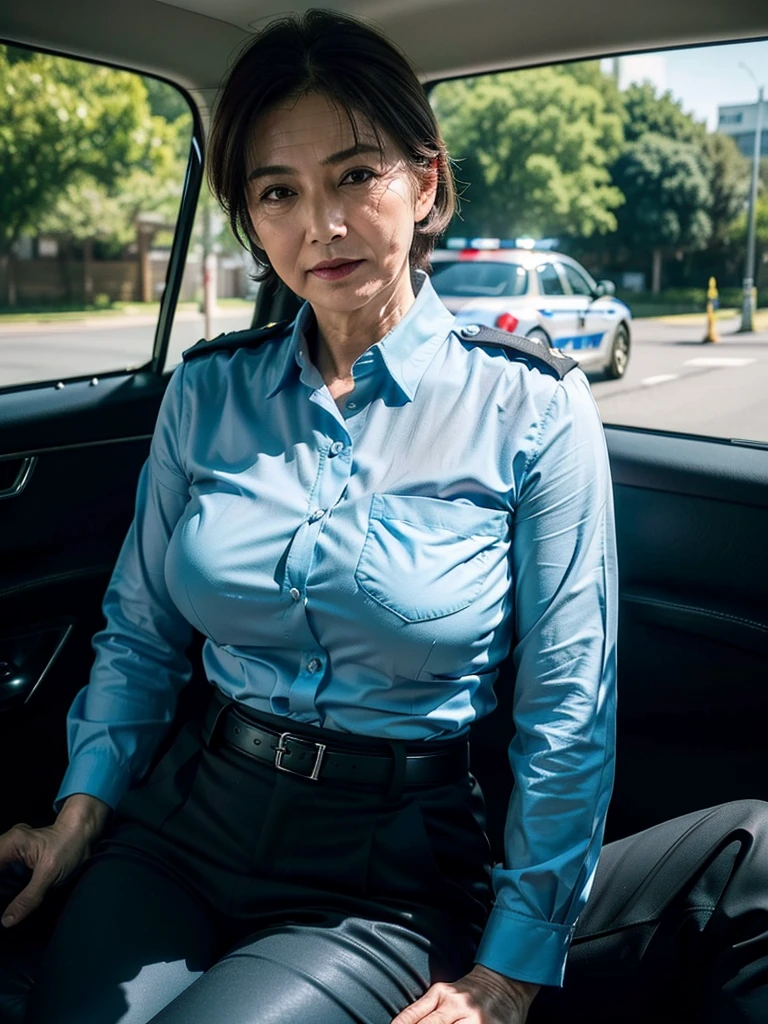 (masterpiece:1.4),(62-year-old woman:1.5),(facial wrinkles 1.2), short hair, smirking, maternal, Mature Woman, (police uniform : 1.3), (light blue shirt, blue pants, breast pocket), sitting in a car