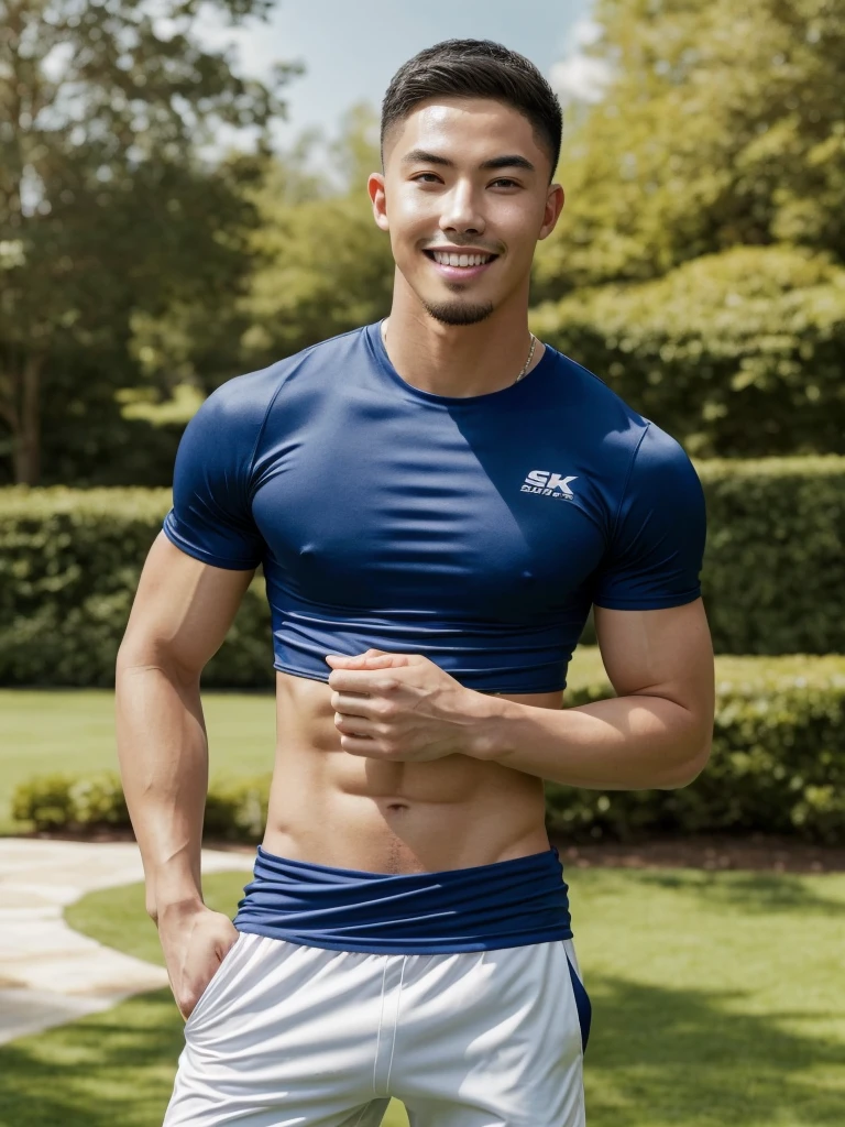 Tony Labrusca, (As a matter of fact, Masterpiece, 8k HD, good light quality, sportswear, fit the face, complicated details), A handsome, muscular young Korean man. , 20 years old, be happy, smile brightly, detailed face, delicate eyes, มองดูsky, Wear a tight blue t-shirt., period, black eyes, Black hair color, ผมsmooth, smooth, outdoor sports, Along the garden, Sunny,sky，Surreal，Superb details，Highest quality，real，