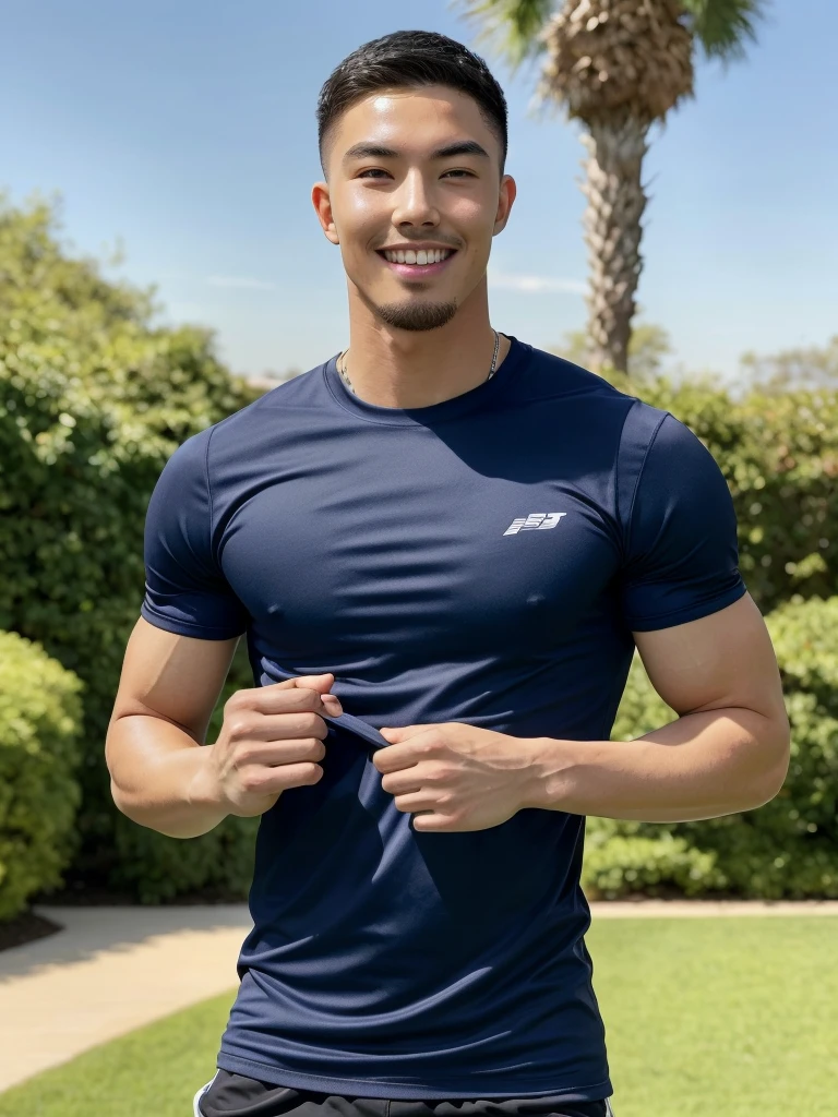 Tony Labrusca, (As a matter of fact, Masterpiece, 8k HD, good light quality, sportswear, fit the face, complicated details), A handsome, muscular young Korean man. , 20 years old, be happy, smile brightly, detailed face, delicate eyes, มองดูsky, Wear a tight blue t-shirt., period, black eyes, Black hair color, ผมsmooth, smooth, outdoor sports, Along the garden, Sunny,sky,Surreal,Superb details,Highest quality,real,