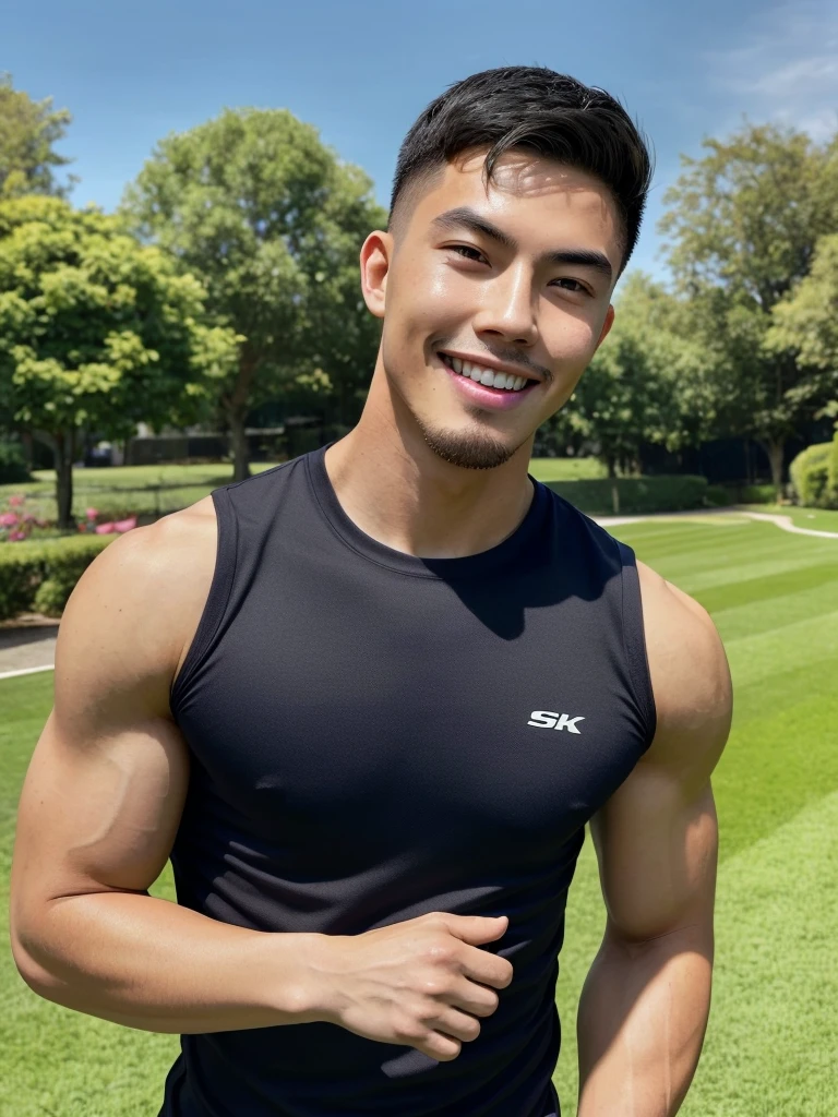 Tony Labrusca, (As a matter of fact, Masterpiece, 8k HD, good light quality, sportswear, fit the face, complicated details), A handsome, muscular young Korean man. , 20 years old, be happy, smile brightly, detailed face, delicate eyes, มองดูsky, Wear a tight blue t-shirt., period, black eyes, Black hair color, ผมsmooth, smooth, outdoor sports, Along the garden, Sunny,sky,Surreal,Superb details,Highest quality,real,
