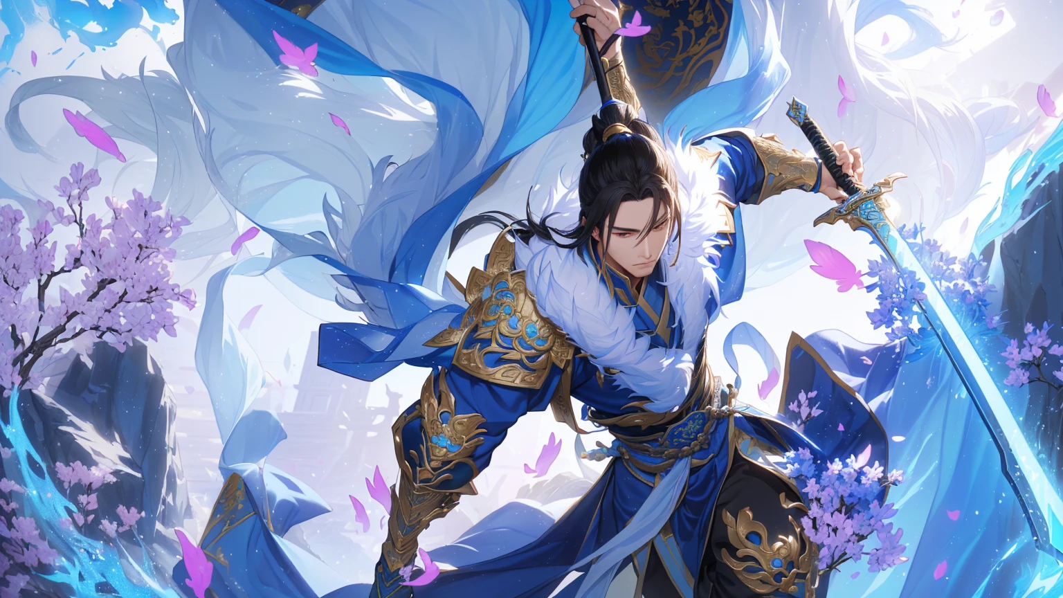 Alafd image，A person wearing blue clothing、man holding sword, heise jinyao, zhao yun, xianxia hero, Inspired by Huang Shen, author：Yang J, G Liulian art style, Inspired by Li Kan, inspired by Guan Daosheng, Inspired by Shen Zhou, Yang Qi, Ruan Jia and Artgerm