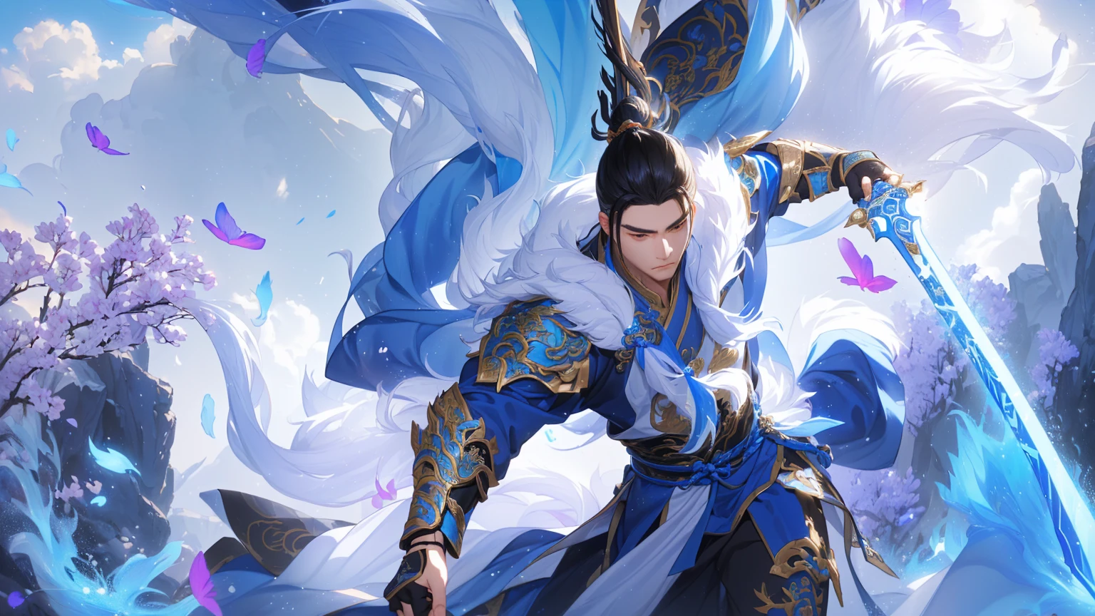 Alafd image,A person wearing blue clothing、man holding sword, heise jinyao, zhao yun, xianxia hero, Inspired by Huang Shen, author:Yang J, G Liulian art style, Inspired by Li Kan, inspired by Guan Daosheng, Inspired by Shen Zhou, Yang Qi, Ruan Jia and Artgerm