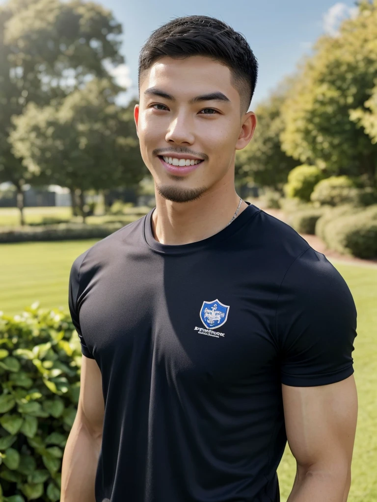 Tony Labrusca, (As a matter of fact, Masterpiece, 8k HD, good light quality, sportswear, fit the face, complicated details), A handsome, muscular young Korean man. , 20 years old, be happy, smile brightly, detailed face, delicate eyes, มองดูsky, Wear a tight blue t-shirt., period, black eyes, Black hair color, ผมsmooth, smooth, outdoor sports, Along the garden, Sunny,sky,Surreal,Superb details,Highest quality,real,