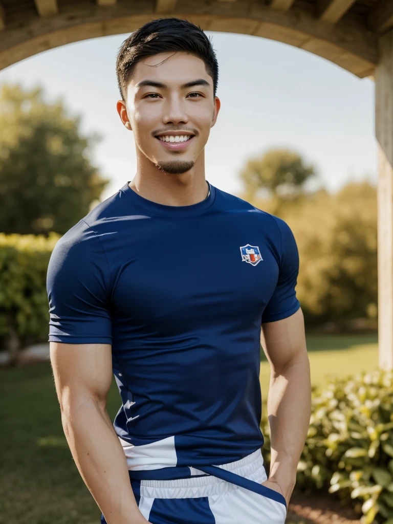 Tony Labrusca, (As a matter of fact, Masterpiece, 8k HD, good light quality, sportswear, fit the face, complicated details), A handsome, muscular young Korean man. , 20 years old, be happy, smile brightly, detailed face, delicate eyes, มองดูsky, Wear a tight blue t-shirt., period, black eyes, Black hair color, ผมsmooth, smooth, outdoor sports, Along the garden, Sunny,sky，Surreal，Superb details，Highest quality，real，