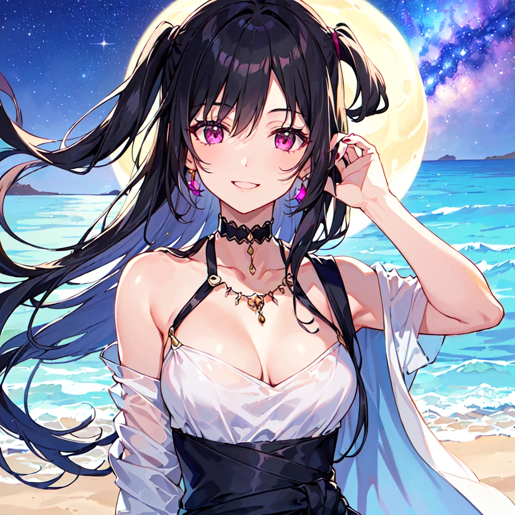 masterpiece, best quality, high quality, extremely detailed, very delicate and beautiful, (1 female 18 years old solo:1.5), (long black hair up to waist with two side up:1.5), bangs to eyebrows, eyes Eyebrows are glossy, (eye color: magenta:1.3), 6.5 head height, (Arabian gorgeous summer fashion:1.3), Arabian earrings, Arabian necklace, (smiling), (standing), (dynamic pose), (background Arabian Sea:1.3), (Milky Way Night Sky:1.3), (upper body:1.3)