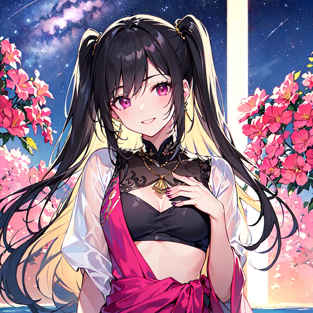masterpiece, best quality, high quality, extremely detailed, very delicate and beautiful, (1 female 18 years old solo:1.5), (long black hair up to waist with two side up:1.5), bangs to eyebrows, eyes Eyebrows are glossy, (eye color: magenta:1.3), 6.5 head height, (Arabian gorgeous summer fashion:1.3), Arabian earrings, Arabian necklace, (smiling), (standing), (dynamic pose), (background Arabian Sea:1.3), (Milky Way Night Sky:1.3), (upper body:1.3)