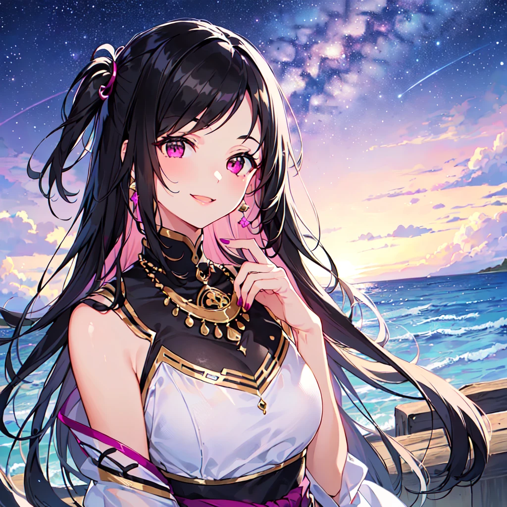 masterpiece, best quality, high quality, extremely detailed, very delicate and beautiful, (1 female 18 years old solo:1.5), (long black hair up to waist with two side up:1.5), bangs to eyebrows, eyes Eyebrows are glossy, (eye color: magenta:1.3), 6.5 head height, (Arabian gorgeous summer fashion:1.3), Arabian earrings, Arabian necklace, (smiling), (standing), (dynamic pose), (background Arabian Sea:1.3), (Milky Way Night Sky:1.3), (upper body:1.3)
