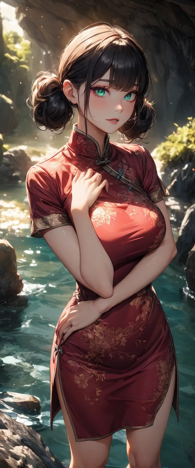 Photo of a woman with natural skin, Upper Body, Seaside cave, The light is shining in, High Twintails, Black hair with red mesh, Sharp eyes with red eyeshadow, Blue-green eyes, Shining eyes, A thin, upturned nose, Well-shaped lips, Big Breasts, ((China dress, Short sleeve)), barefoot, Makeup, Exquisitely crafted with the utmost attention to detail, Vibrant, amazing, Smooth, Cinematic, 4K, Backlight, (()), Shallow depth of field, ((Detailed eyes:1.3, Detailed lips:1.3, high quality, )), masterpiece, Super detailed images, High quality