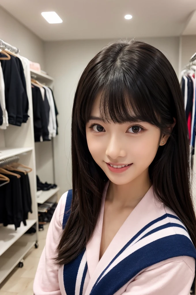 セーラー服、Drama club room, high school senior, drama club president, ((full body)), ((photo)), ((best qualtiy, 8K, tmasterpiece:1.3)), Focus:1.2, perfect figure beautiful girl:1.4, 1girl, cowboy shot, look at viewer, eyes facing the camera, incredibly absurd, beautiful and cute girl with a photorealistic face, showcasing top-quality craftsmanship, A Japanese girl preparing for club activities in the drama club room, , long, straight, silky black hair, fair skin, big eyes, thin eyebrows, double eyelids, long eyelashes, pink lips, smile, devilish smile, gorgeous features, well-defined facial features, beautiful face line, mysterious beauty, slender, tall, well-balanced proportions, large E-cup breasts, navy blue sailor uniform, favorite silver accessories, well-groomed nails, pretty girl, beauty, devilish type, pretty older sister, passionate about art, sociable, friendly, positive, has leadership skills, is proactive, is flexible, gets things done efficiently, works hard towards dreams and goals, May