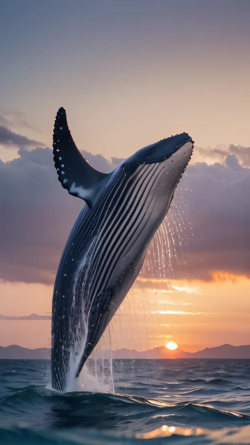 Best picture quality (8k, high resolution, Masterpiece: 1.2), super detailed,  

situation: With the orange sunset as my backdrop、Whale jumping out of the water。
detailed:
The water droplets sparkle in the light。
The whale&#39;s silhouette is emphasized.、Dramatic atmosphere。

