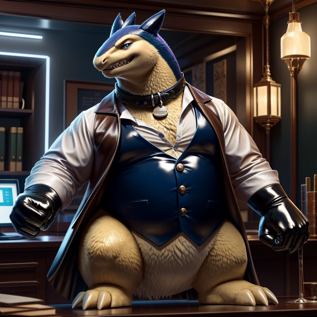 Solo, Male, fat, extremely obese, gentleman, dapper Professor Typhlosion, mob boss, blue eyes, (posing:1.3), (soft shading), 4k, hi res, ((detailed face, detailed)), looking at viewer, mouth wide open, dapper clothing, collared shirt with buttons, bowler hat, male focus, Explorer Outfit, glasses, monocle, vest with buttons, sleeves rolled up, round eyewear, brown headwear, brown vest, office, Typhlosion is wearing a glossy leather dog collar around the neck, Typhlosion is wearing the leather collar and shirt and vest at the same time, Typhlosion is wearing glossy white rubber gloves on the hands, wearing white rubber gloves on the feet, gloves are rubber in texture, clenching teeth, clenching fists, leather collar is glossy and shiny with a lot of detail, Typhlosion is wearing gloves and leather collar at the same time, leather collar has a round dog-tag, leather collar is thick and detailed, leather collar is glossy and shiny, fancy clothing, dapper vest, dapper shirt, leather collar is thick, glossy leather collar.