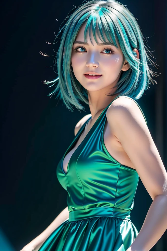 (Highest quality, Very detailed, Realistic:1.37), concert stage, (A diva stands on stage and is about to sing.), (medium Breasts:1.0), Amazing green eyes, (Big smile), Soft lighting, shape, bangs, Flowing Hair, Wind, (Shiny hair), (blue Hair:1.8), (short hair:1.9), Gradient Hair, blue halo, Glowing Eyes, Big eyes, (colorful stage dress:1.2), Sparkling Romance, Dynamic posing for the audience:1.2 , (active posing:1.5), Anime Style, shadowing, Backlight, macro photo, close, First Person View, Hyper HD, Attention to detail, Highest quality,