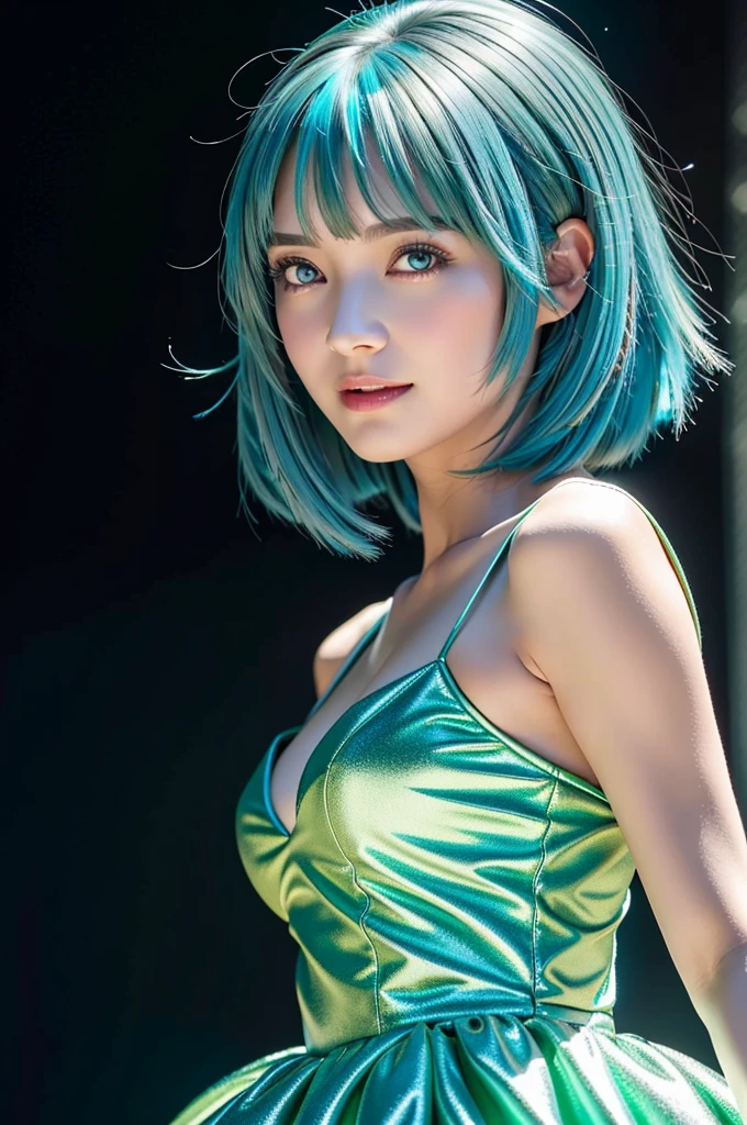 (Highest quality, Very detailed, Realistic:1.37), concert stage, (A diva stands on stage and is about to sing.), (medium Breasts:1.0), Amazing green eyes, (Big smile), Soft lighting, shape, bangs, Flowing Hair, Wind, (Shiny hair), (blue Hair:1.8), (short hair:1.9), Gradient Hair, blue halo, Glowing Eyes, Big eyes, (colorful stage dress:1.2), Sparkling Romance, Dynamic posing for the audience:1.2 , (active posing:1.5), Anime Style, shadowing, Backlight, macro photo, close, First Person View, Hyper HD, Attention to detail, Highest quality,