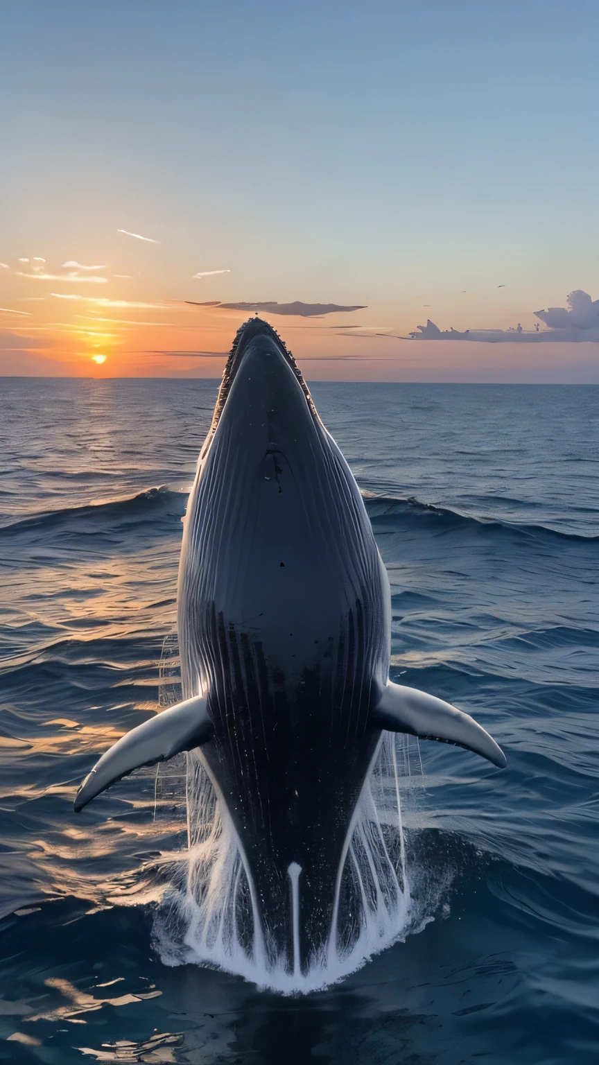 Best picture quality (8k, high resolution, Masterpiece: 1.2), super detailed,  

situation: With the orange sunset as my backdrop、Whale jumping out of the water。
detailed:
The water droplets sparkle in the light。
The whale&#39;s silhouette is emphasized.、Dramatic atmosphere。

