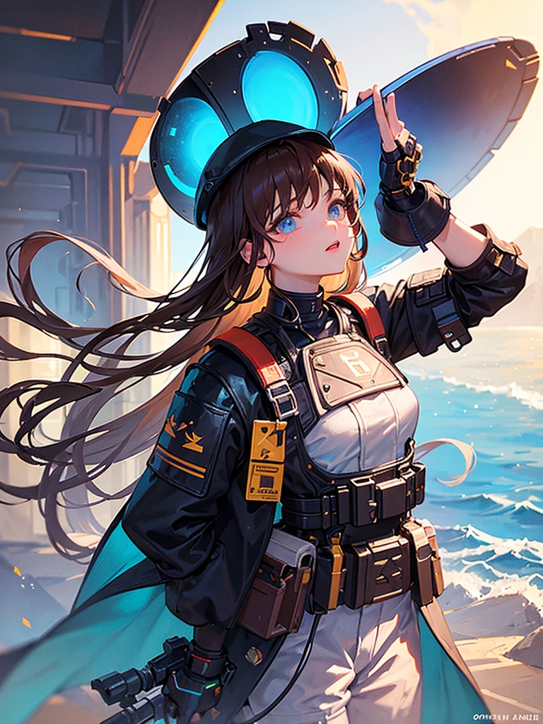 masterpiece,  Highest quality, , (alone), One girl, look up, Dim Light, , horizon_(Apex Legends), goggles, blue eyes, Brown Hair, Gauntlet, Shoulder Armor,  hat, (freckles:0.5), , (science_fiction), Outdoor, street, Neon Light, cyber punk,