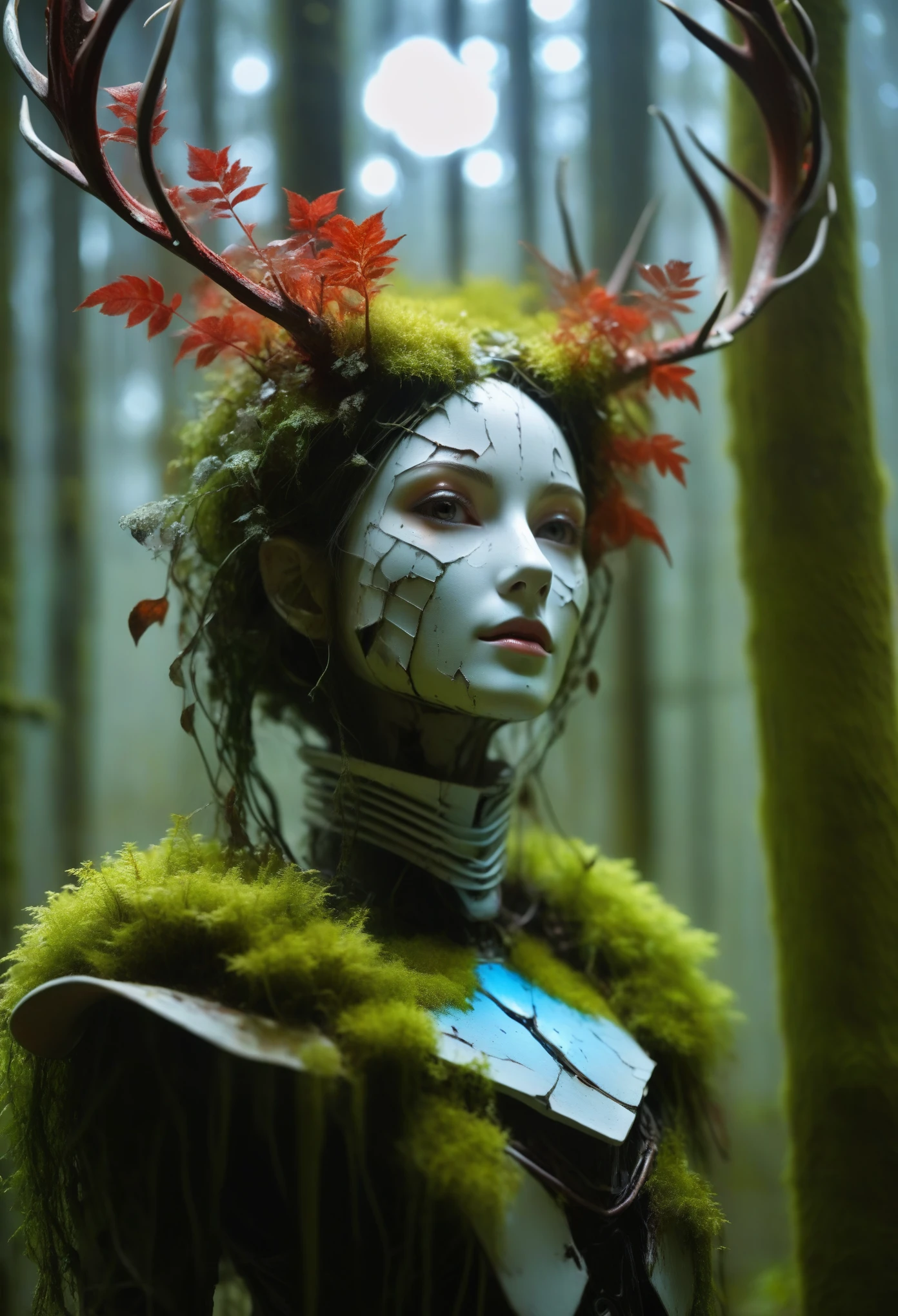 A shattered female humanoid robot,At night, A light shone on her, dented, Scratched, Peeling paint peeling, In an abandoned indoor room, Moss and fungi, It used to be beautiful,An artistic photo,full bodyesbian,(Remote shooting:1.4),Close-up 50mm F/1.3,White dragon plant girl, Girl made from dead plants,A girl made of red plants,forest,plant,deer antlers