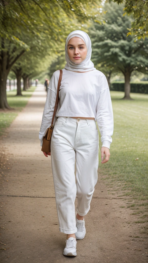 ((best quality)), ((masterpiece)), ((realistic)), ((full body)), , teen girl, cute , mesmerizing blue eyes, extremely detailed, white skin tone, skin with pores, potrait, wearing hijab, wearing cotton long pants, wearing loose shirt, long sleeves white t shirt, wearing shoes, fit body, view from front, walking in park, shallow depth of field