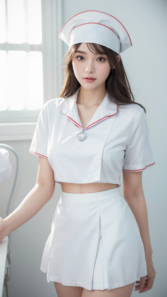 innocent 25 year old girl，giant :1.2,cleavage of breasts:1.2、(panty shot:1.3) (white nurse uniform:1.5),( White short skirt:1.5),(White nurse hat:1.5),(white nurse pumps:1.5), Angle:1.2、The background is a hospital room.、laugh,shortcut、RAW photos, (8k、top quality、masterpiece:1.2)、(intricate details:1.4)、(realistic:1.4)、octane rendering、Complex 3D Rendering Ultra Detailed, studio soft light, rim lights, vivid details, super detailing, realistic skin texture, detail face, Beautiful eye for detail, Highly detailed CG Unity 16k wallpaper, assembly, (detailed background:1.2), glowing skin, whole body