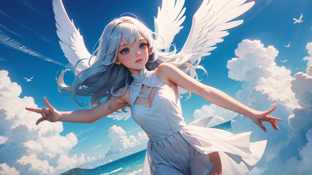  angel girl ,flying in the cloud, siver hair,hight quality,4k