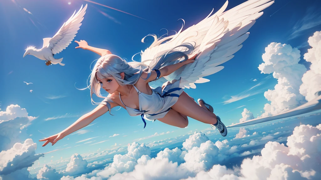  angel girl ,flying in the cloud, siver hair,hight quality,4k