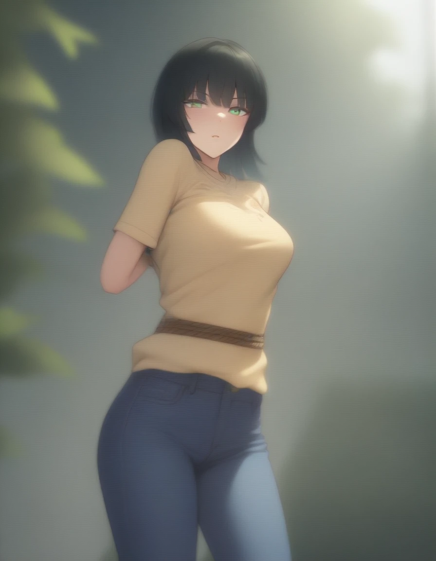 Masterpiece , highly detailed , best quality , perfect face , green eyes , fubuki , wearing short sleeves yellow printed t-shirt and blue jeans , in garden , arms bound behind back with rope , looking at camera , standing still
