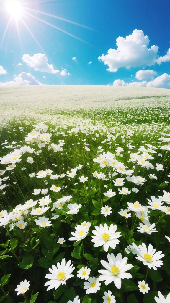 White flowers, flower field, sky, clear, sparkling, light, fantastic, dream, magic, fleeting