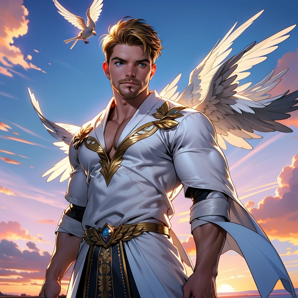 32k,masterpiece, best quality, detailed face, natural eyes,1man, solo mature man, muscled and mature, stephen amell as an angel , wearing a see thru transparent robe with golden embroidery , wearing 2 DOMINANT angel's wings , showing muscles ,floating and flying in the sky with clouds , full body, intricate Detailed background at sunset
