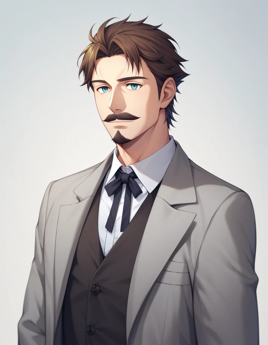 1man, mature male, parted bangs, medium-short hair, brown hair, muscular male celeb, short goatee, short mustache, indigo eyes, gentleman, elegant netori male, BREAK solo, white collared shirt, gray trench coat, black neck ribbon, in gentle sasaki style, visual novel, 2010s, extreme all detailed, masterpiece, best quality