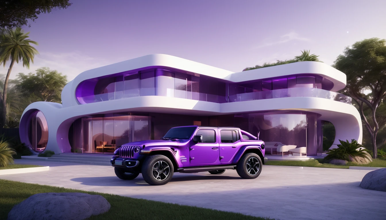 a futuristic house with a floresent purple jeep wrangler parked in front of it, cgsocietywlop, beautiful curves, intricate devilish designs, qualia, interesting shapes & form, wow factor, elaborate polished, bioluminescent, colorfull, glow, fluid, architectural rendering, miami, orange soft lighting in interior of house, futuristic battlefield, inspired by James E. Brewton, precise architectural rendering