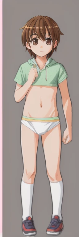 A cute, beautiful fifth grade boy is standing naked with a white loincloth wrapped around his crotch, blushing.。