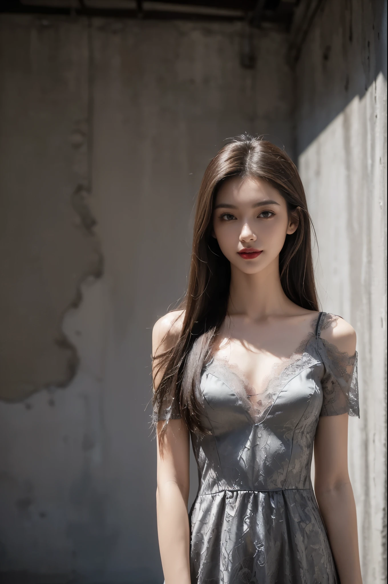 (((best quality))),(((ultra detailed))),(((masterpiece))),illustration,((1 beautiful girl,solo)),((slim,thin)),((small breasts,flat chest)),(shoulder length straight hair:1.2),summer afternoon,((unfinished concrete room,alluring,gray walls)),(short sleeves:1.2),(black lace dress:1.3),(seductive,elegant,full bosom,fair skin,golden strands,delicate features,deep brown eyes,mischief,mystery,enchanting smile,vibrant red lips,serene beauty,self-assuredness,industrial ambiance,raw cement walls,exposed pipes,sexuality,allure,refined beauty,compelling visual narrative,seductive gaze,elegant posture,industrial backdrop,lasting impression,((standing,from front,upper body))