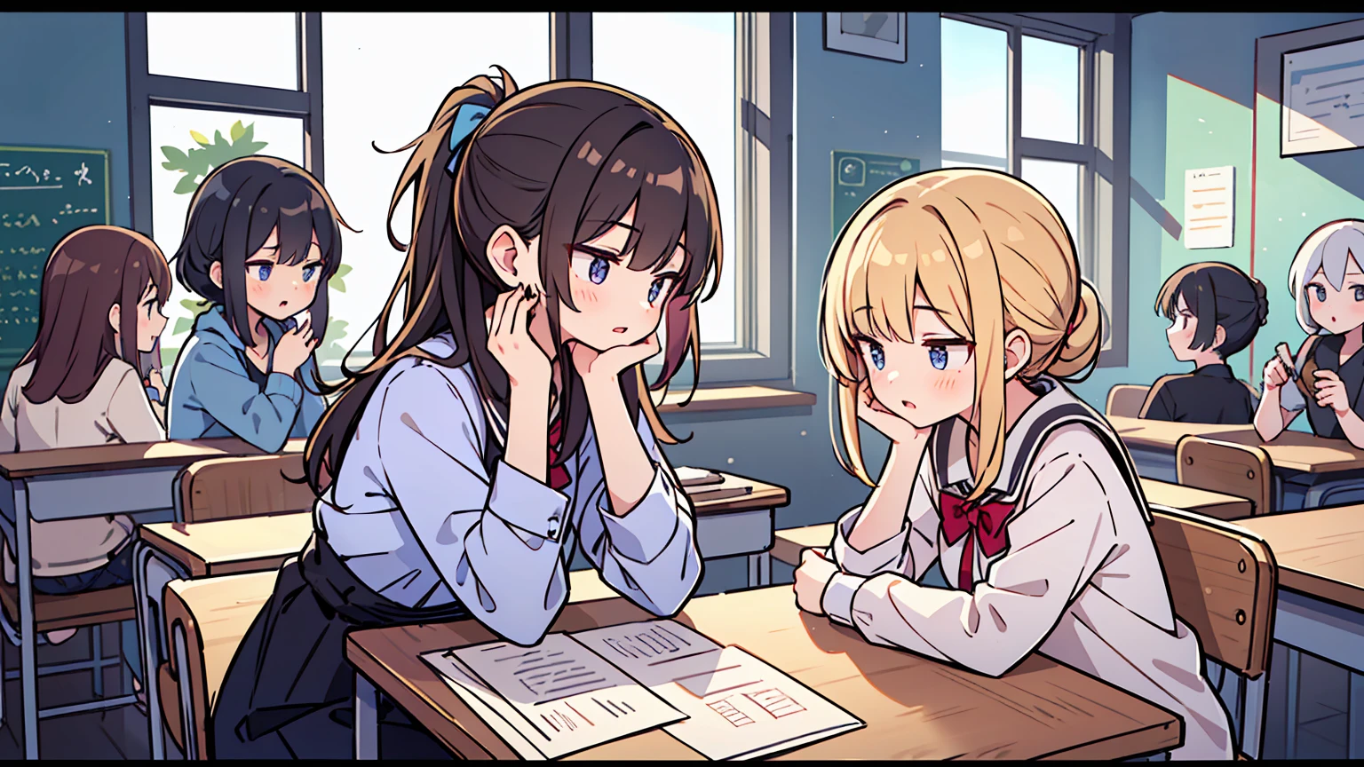(masterpiece, best quality),Women with different faces and hairstyles, different hair colors, different faces, ponytail, letterboxed, perfection of fashion,chapped lips, casual attire, upper body, from the side,University Classroom, The interior has a modern design,study at the table, eyes look at the note, together, stylish outfit,