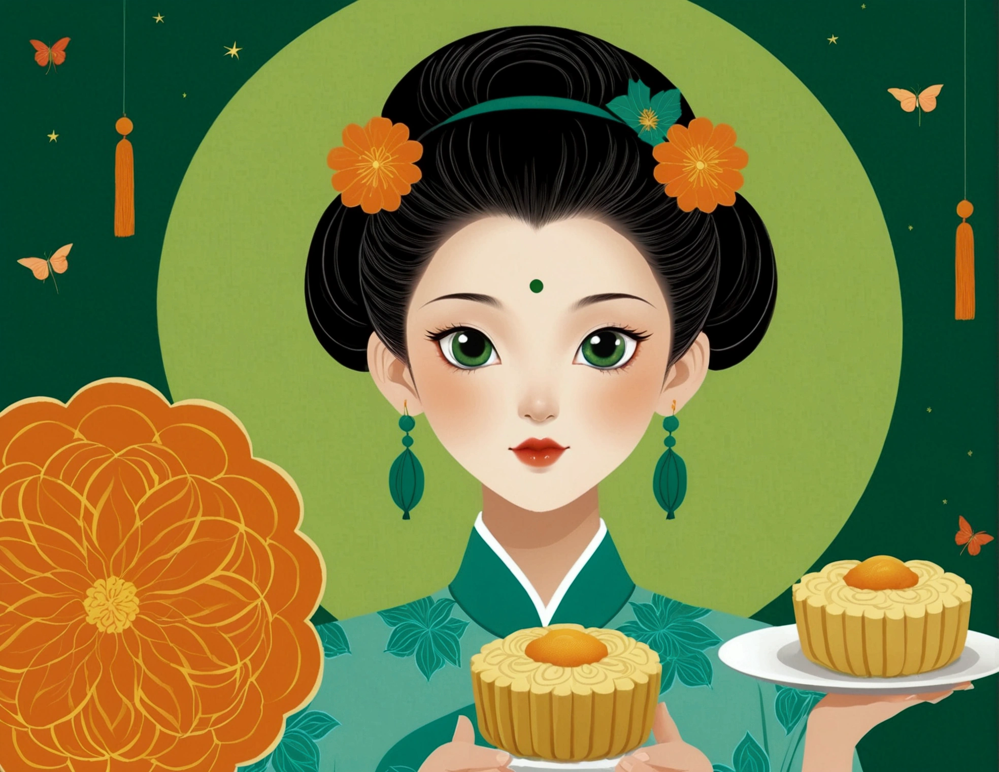 Mid-Autumn Festival poster design，girl，Cyan and Green，Starbucks mooncakes，moon，orange color，big eyes，Cute expression，Two hair buns，cheongsam，Cartoon，Fresh，romantic，Simplicity，Modern design