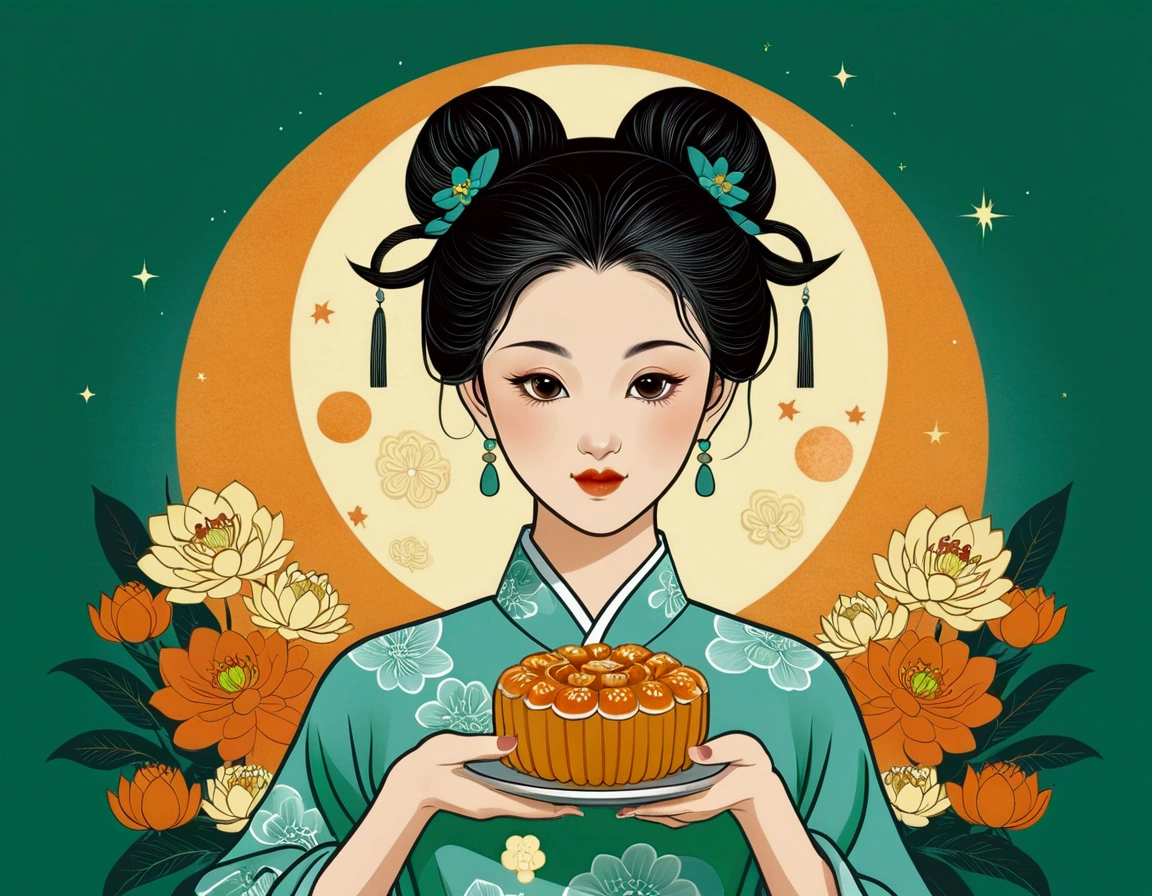 Mid-Autumn Festival poster design,girl,Cyan and Green,Starbucks mooncakes,moon,orange color,big eyes,Cute expression,Two hair buns,cheongsam,Cartoon,Fresh,romantic,Simplicity,Modern design