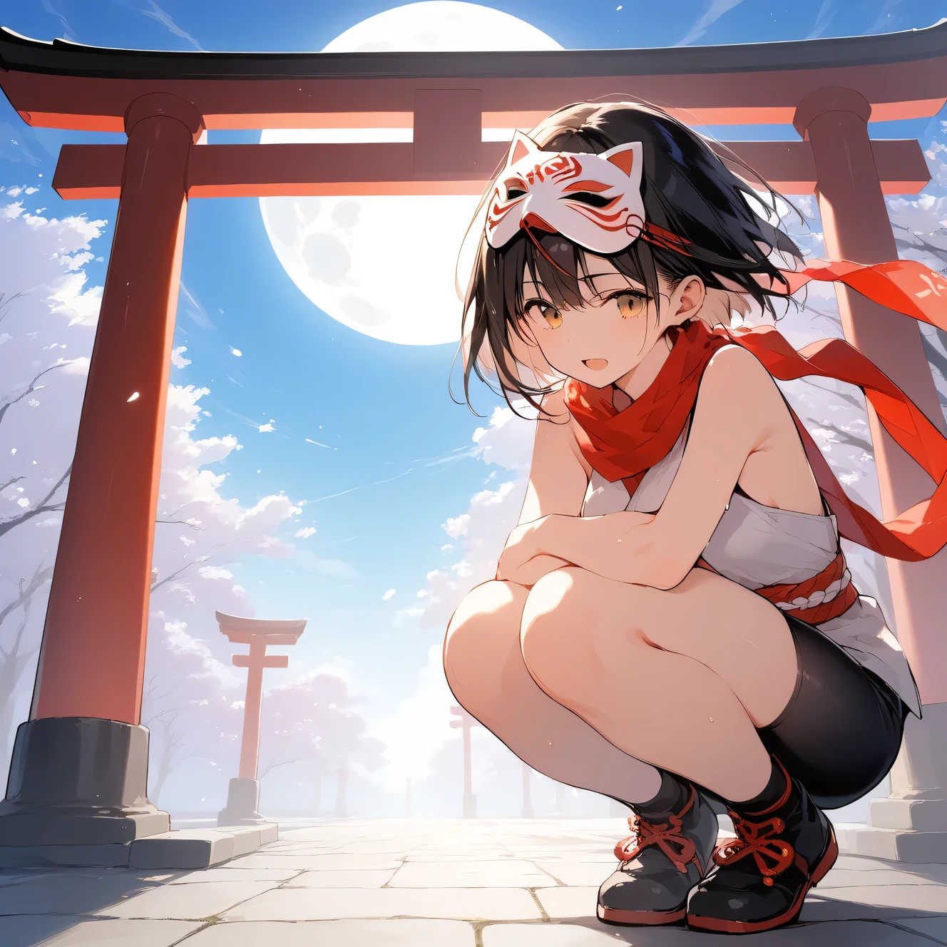 score_9, score_8_up, score_7_up, source_anime, best quality, masterpiece, official art, absurdres, highres, ultra-detailed,waifu2x,Collection: Slice of Life,break,1girl, ninja, noh mask, mask on head, short hair, breasts, beautiful detailed eyes, bike shorts, scarf, sweat, open mouth, expressionless, squatting, kunai, outdoors, Above torii, night, moon, wind,break,(clear line illustration:1.2), super detailed skin,very high resolution, very aesthetic, Best sexual lighting powered by famous artist, 8k,cute picture,beauty illustration,photoshop_(medium),,(Detailed Lighting),best anime 8k konachan wallpaper, pixiv contest winner,