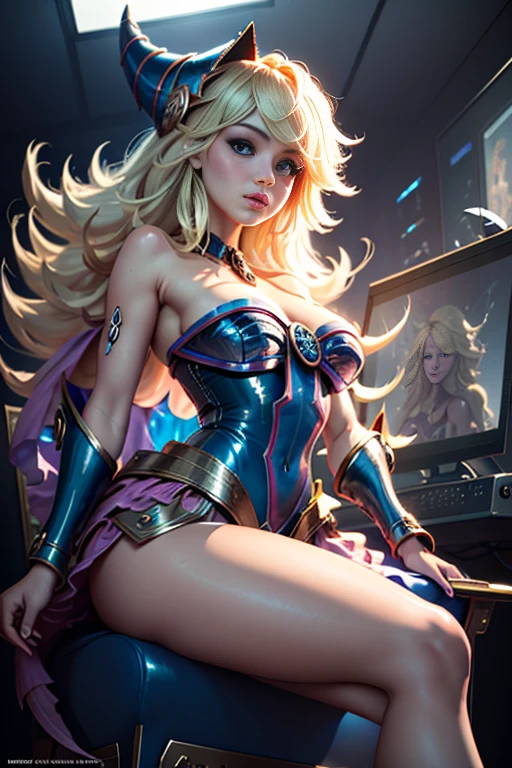 NSFW dark magician girl, glass cover, Upper part of the body, Side shot, Alternative color, Masterpiece, Detailed illustration, realist, Pixiv Top Quality, exquisite, {{{Cute 1dark magician girl}}}, Super beauty merging with the machine., Elaborate shabby chic pattern, Beautiful and bright woman, Half my body is made of machine., Transparent glass body, The inner machine is transparent., cinematic lighting, dynamic angle, dynamic pose, Crystal World, depth of field. Magic macaw at the bottom. magical hearts that show your body from head to toe, sit on the throne, sexy crossed legs, blonde hair