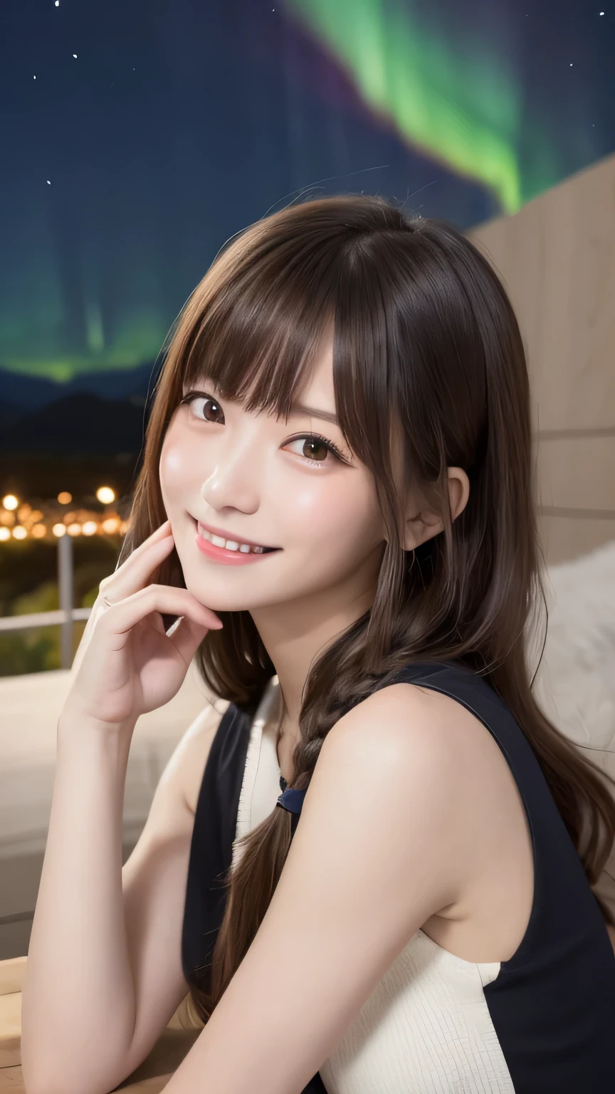 Best picture quality (8k, high resolution, Masterpiece: 1.2), super detailed, 215 Short Hair,Three braids long hair, 26-year-old woman,
situation: Observe the Aurora Borealis from the top of the mountain。
angle: With panoramic shot、Mountain々and a wide range of aurora shots。
detailed:
A magnificent view that will make you forget the fatigue of climbing the mountains。
star々The contrast between the shining night sky and the aurora。
,Active Pause ,
Beside her、The thunder danced。
Focus on the waist above
, random cute pose ,big eyes ,Puffy eyes , Heart Pupil, blush , huge shy smile , salute