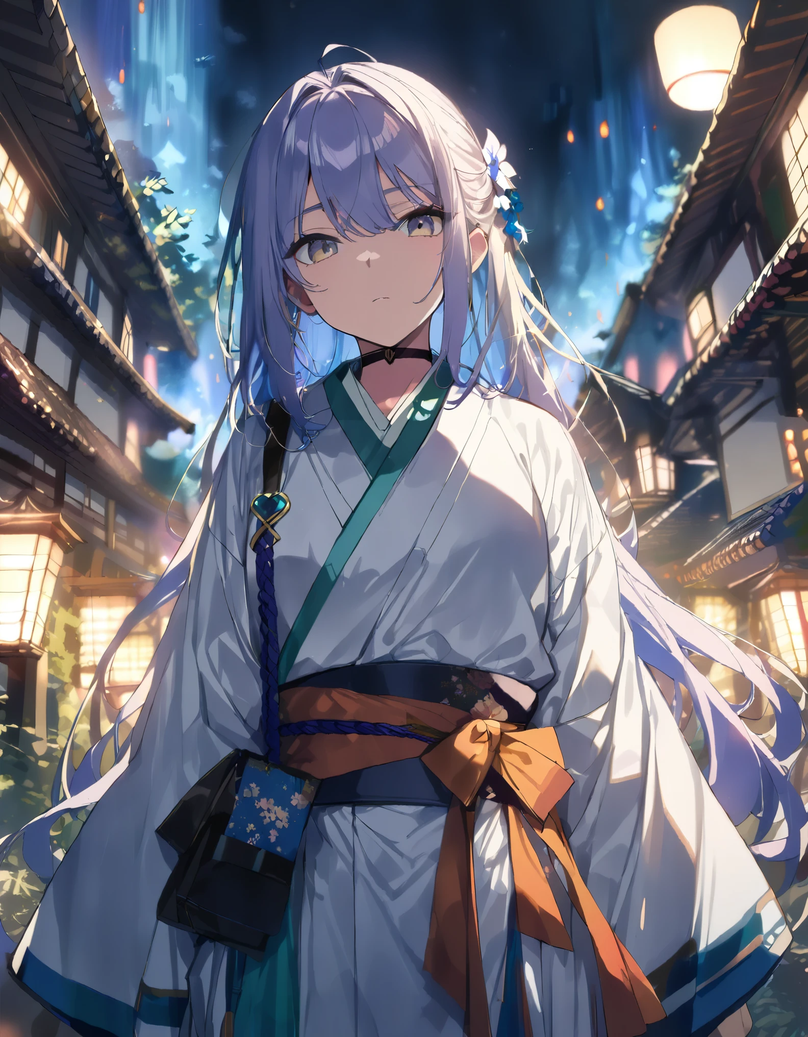 Masterpiece, Extremely detailed, (A beautiful kitsune woman facing a waterfall surrounded by an aura of blue fire), pov from behind, facing away from the viewer, dynamic pose , fox ears, nine fox tails, tails spread out behind her, (tails come from the back of her clothes near to location of her coccyx which is covered by her clothes:1.5 ), forest clearing, full moon, moonlight, traditional Japanese clothing. 