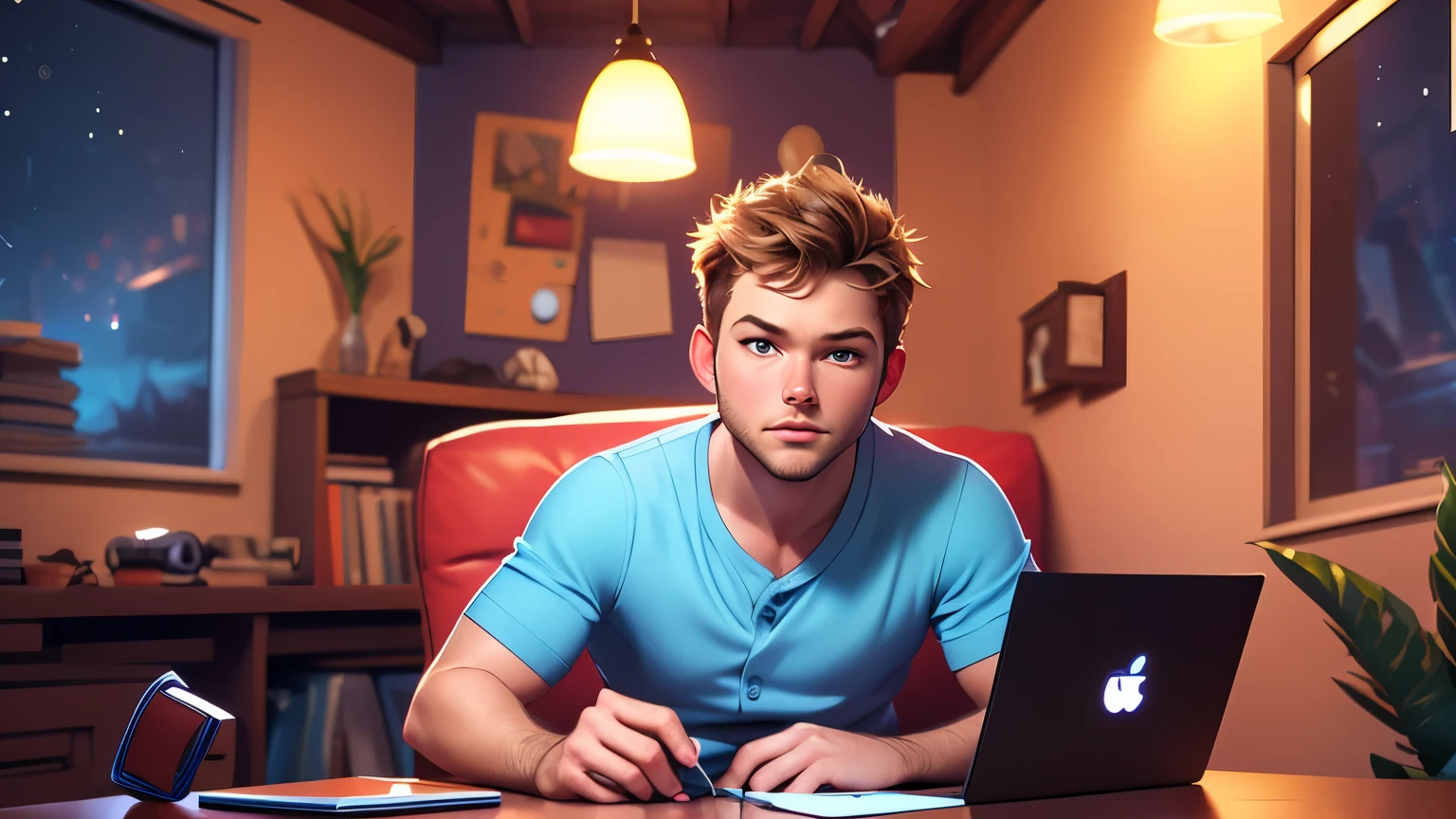 ARAFED handsome guy  in a baseball jersey , news broadcaster ,sitting in front of a laptop,  body facing the viewer , twitch streamer / gamer ludwig , portrait of Chris Pratt , mid shot portrait, streaming on twitch,  at night, portrait shot 8 k.

