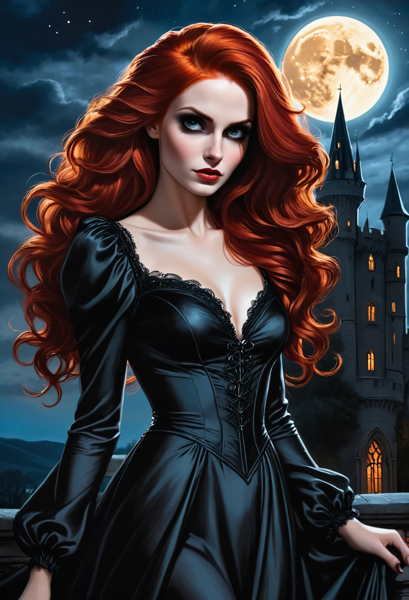 a woman with a compelling and dramatic look, her striking red hair vibrant against the night sky. She wears a fitted black gown with a low neckline and decorative details that suggest a blend of gothic and elegance. Her pose and expression convey a sense of poise and self-assurance. The full moon looming large behind her adds a mystical or supernatural quality to the image, complementing the shadowy, gothic-style castle in the distance. The juxtaposition of her warm hair color against the cool moonlight creates a dynamic contrast, enhancing the overall mood of the scene. 16k resolution, oil on canvas, fine art, super dramatic light, sharp focus, grain, sinister