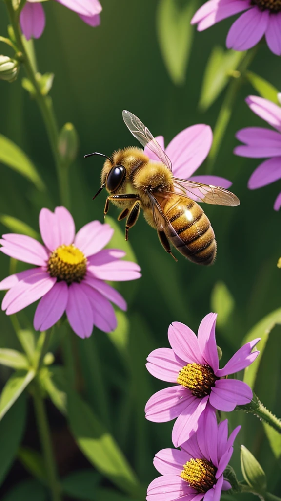 Honeybee flying from flower to flower