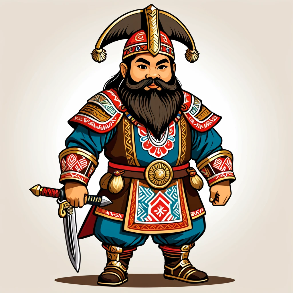 japanese dwarf paladin in peruvian folk outfit, vector graphics, strong contours
