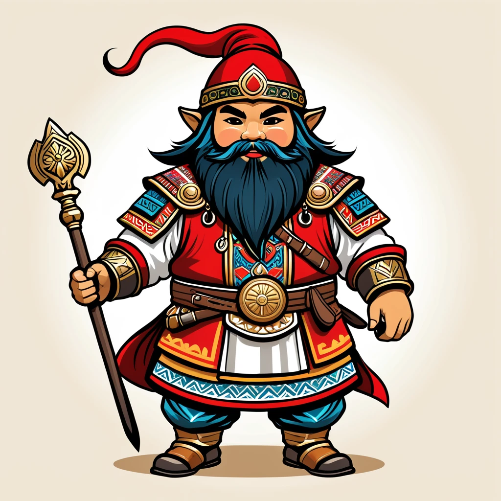 japanese dwarf paladin in peruvian folk outfit, vector graphics, strong contours