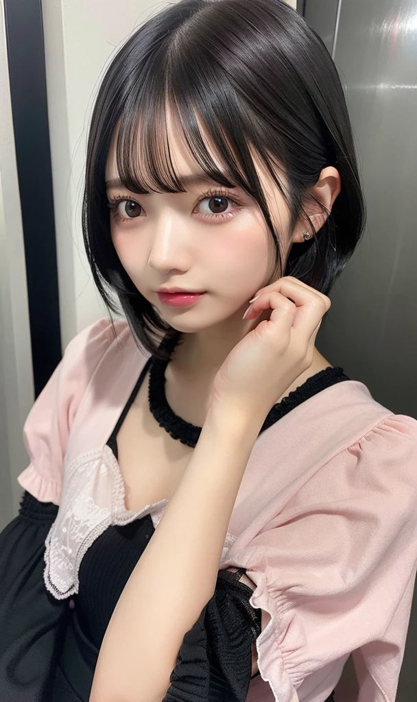 1girl,black hair,short hair,dress pink,realistic,ultra detail,70mm less