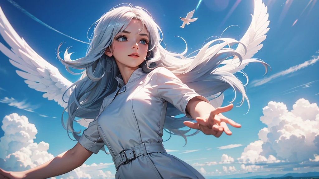 angel girl ,flying in the cloud, siver hair,hight quality,4k
