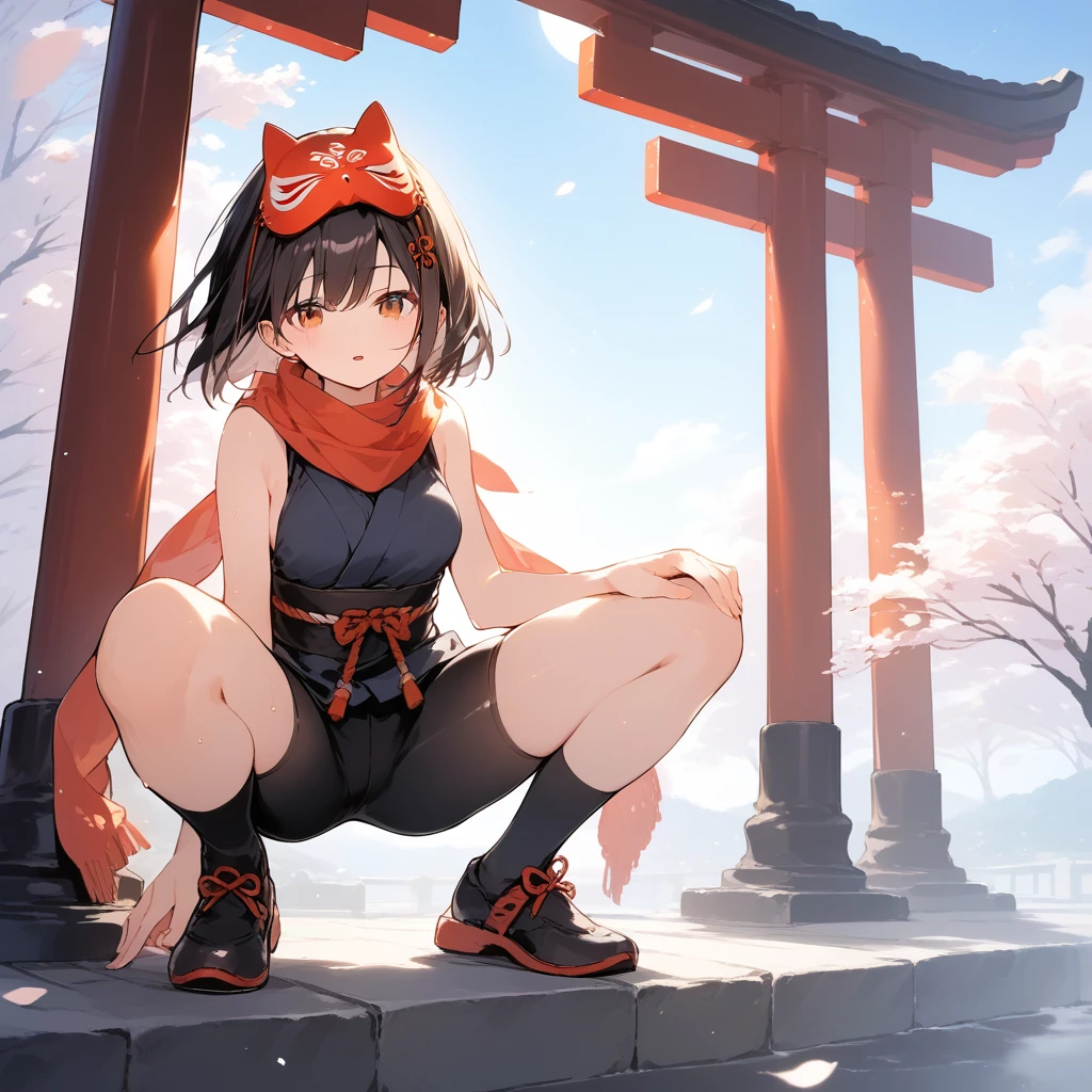score_9, score_8_up, score_7_up, source_anime, best quality, masterpiece, official art, absurdres, highres, ultra-detailed,waifu2x,Collection: Slice of Life,break,1girl, ninja, noh mask, mask on head, short hair, breasts, beautiful detailed eyes, bike shorts, scarf, sweat, open mouth, expressionless, squatting, kunai, outdoors, Above torii, night, moon, wind,break,(clear line illustration:1.2), super detailed skin,very high resolution, very aesthetic, Best sexual lighting powered by famous artist, 8k,cute picture,beauty illustration,photoshop_(medium),,(Detailed Lighting),best anime 8k konachan wallpaper, pixiv contest winner, 