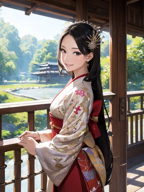 (Highest quality、 8k wallpaper、masterpiece、High resolution)、Vibrant colors、The Tale of the Bamboo Cutter、The Tale of Princess Kaguya、Elegant and beautiful woman with long black hair、A kind look、Smile on the lips、Traditional costumes of Japan、12 Single layer costume、whole body、Detailed Background、(Tall bamboo, starry sky and full moon)、Detailed digital art、